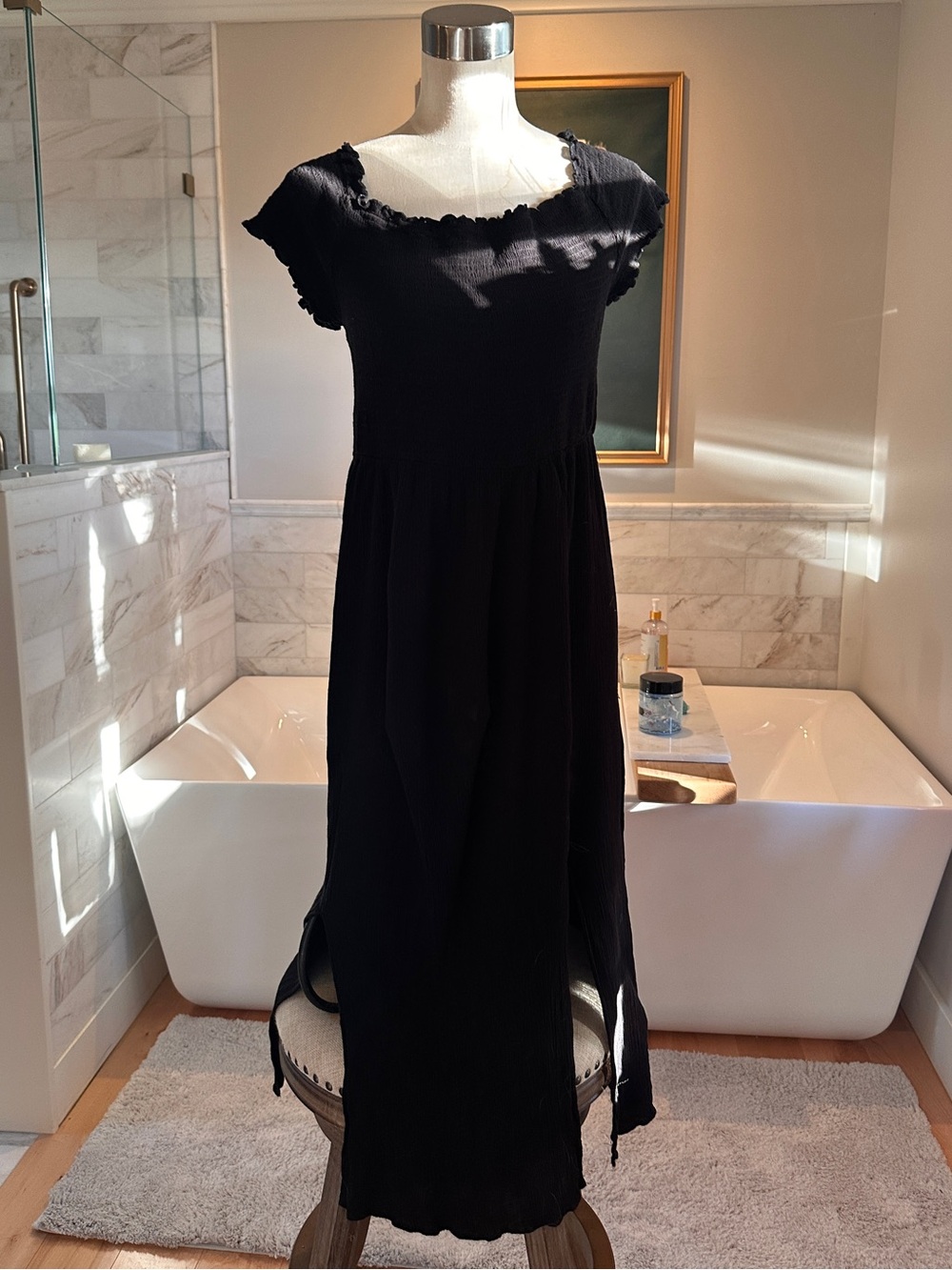 Black smocked off-the-shoulder gauze maxi dress